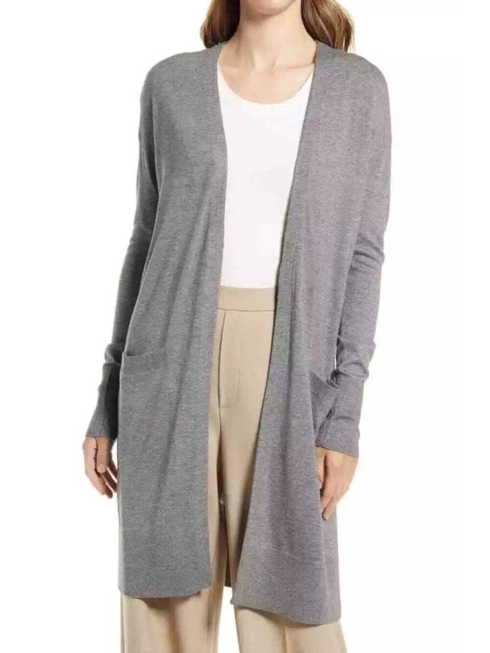 Halogen Cardigan Duster Medium Cashmere Blend Gray Wool Cozy Knit Sweater